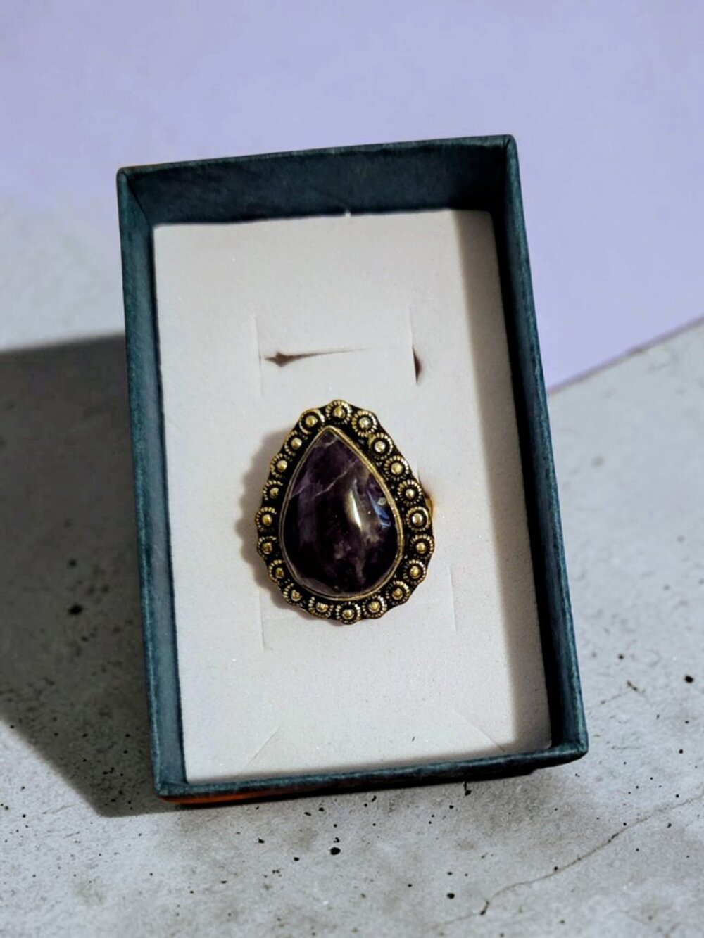 Handcrafted Size 9, 1" x 3/4" Chevron Amethyst Gold Ring